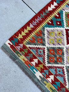 3x7 (100x200) Handmade Afghan Kilim Runner Rug | Crimson Red Olive Green Teal Purple Charcoal Grey Denim Sky Baby Blue Orange Flatweave Wool