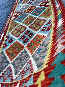 3x7 (100x200) Handmade Afghan Kilim Runner Rug | Crimson Red Olive Green Teal Purple Charcoal Grey Denim Sky Baby Blue Orange Flatweave Wool