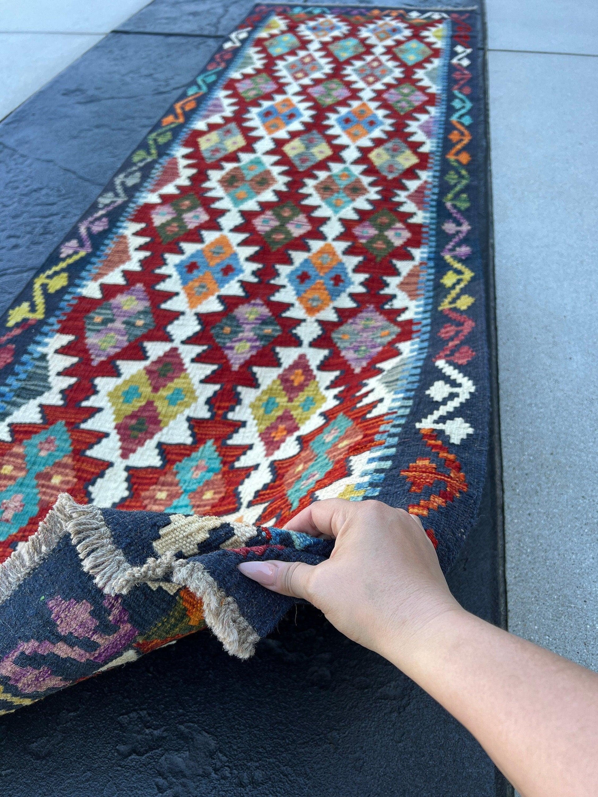 3x8 - 3x9 Handmade Afghan Kilim Runner Rug | Navy Midnight Blue Purple Olive Taupe Turquoise Burnt Orange Ivory Blood Red | Geometric Wool