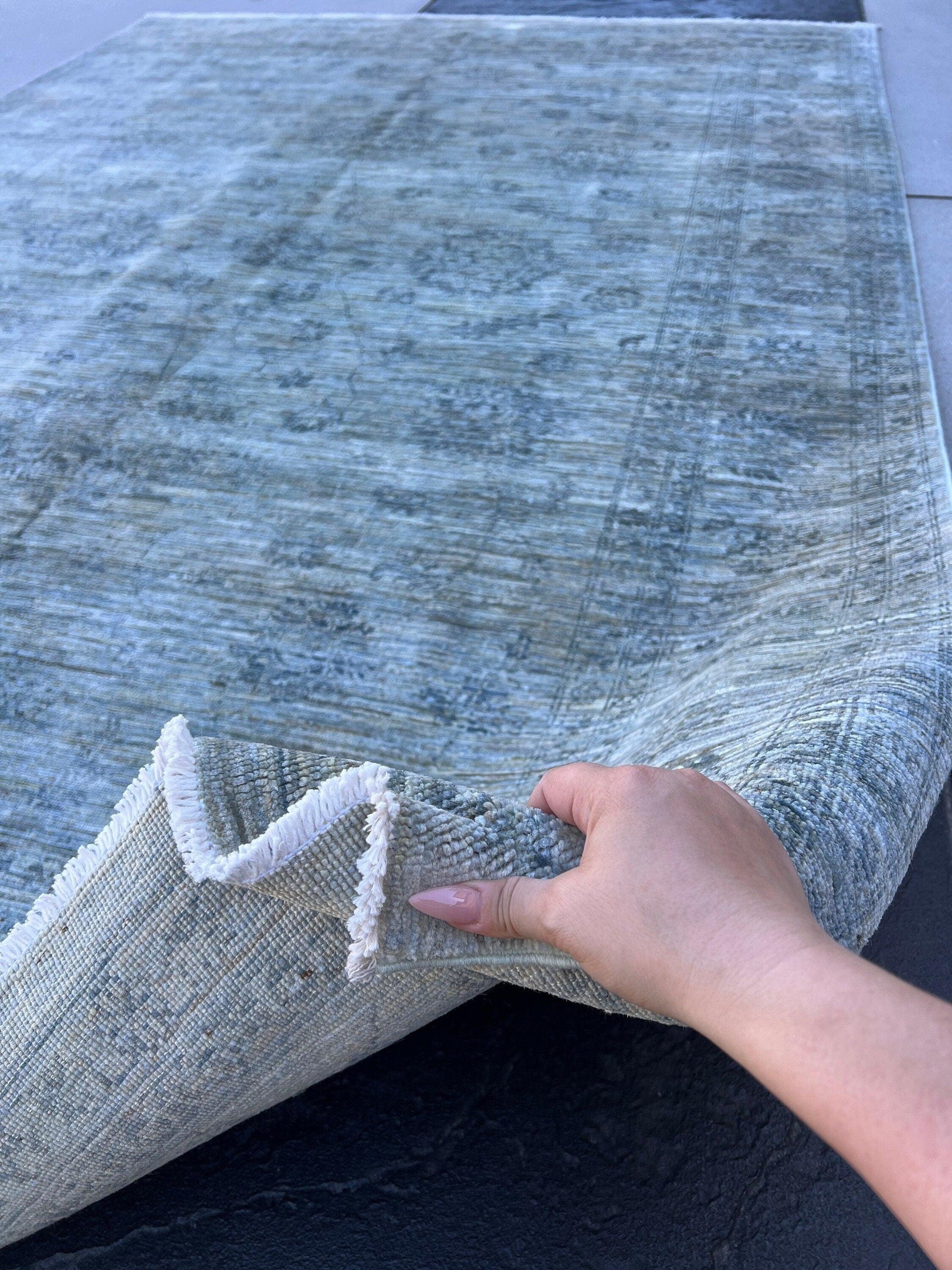 7x10 (215x305) Handmade Afghan Rug | Muted Grey Gray Sage Green Charcoal Grey Black | Turkish Oushak Persian Hand Knotted Bohemian Wool