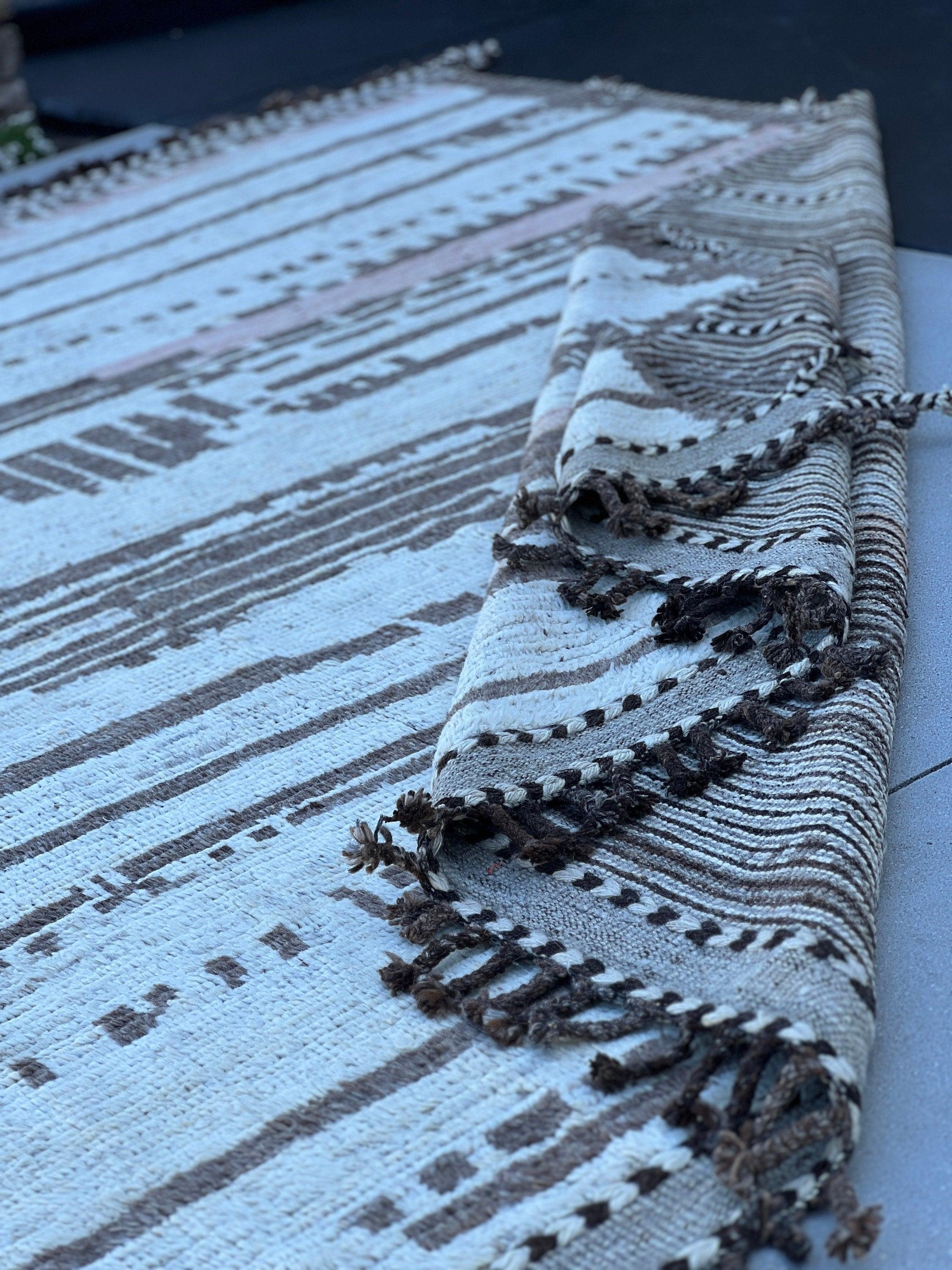 8x11 Handmade Afghan Moroccan Rug | Mocha Chocolate Brown Ivory Cream White Beige Grey Gray Black | Berber Beni Wool Ourain Bohemian Flokati