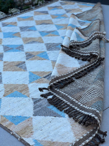 8x10 (240x300) Handmade Afghan Moroccan Rug | Cream Beige Turquoise Sky Blue Chocolate Mocha Brown | Berber Beni Boujad Flokati Wool Plush