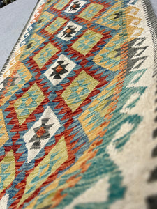 3x7 (100x200) Handmade Afghan Kilim Runner Rug | Olive Green Denim Blue Taupe Rust Orange Teal Ivory Cream Beige Orange Grey | Flatweave