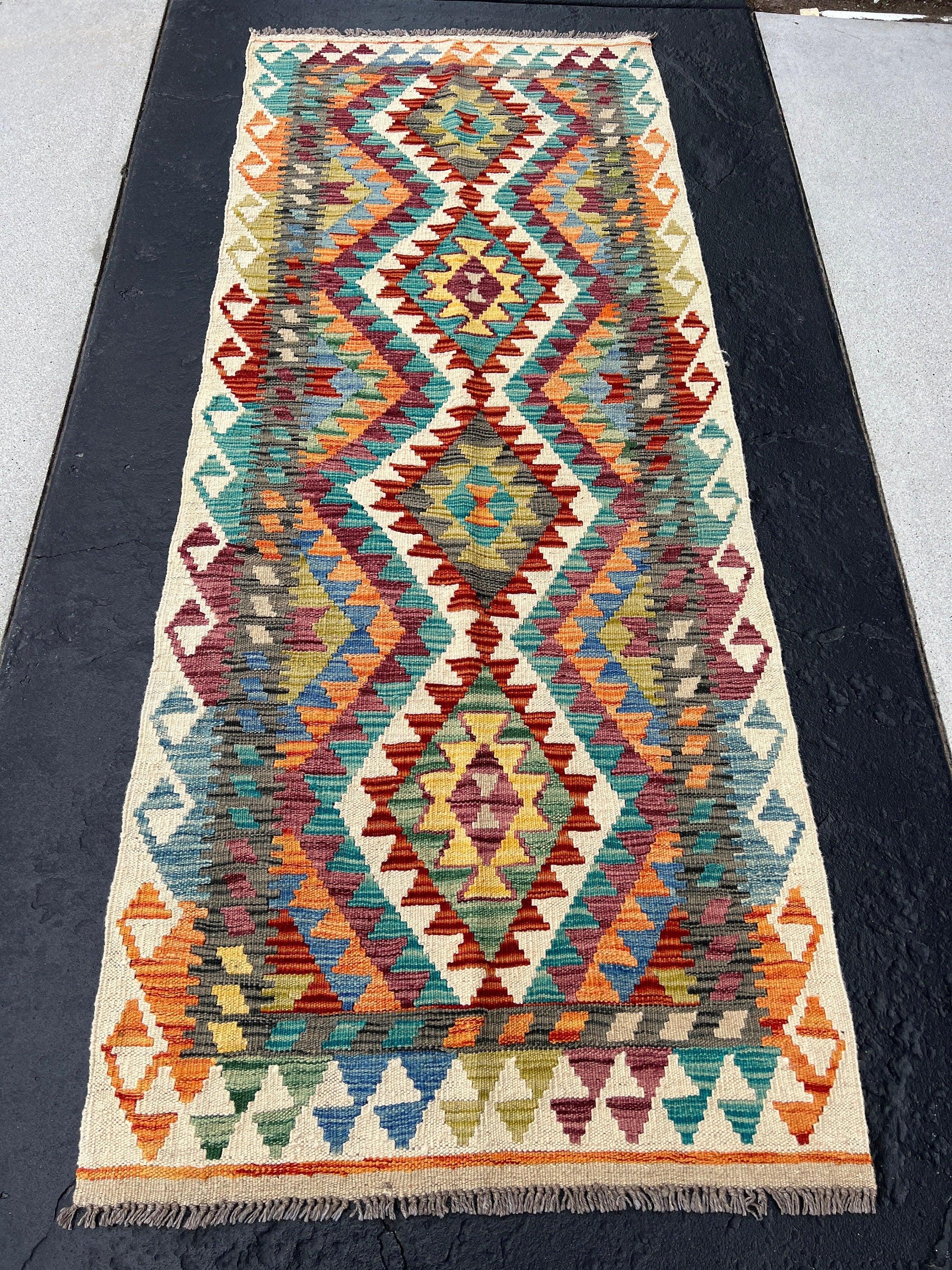 3x7 (100x200) Handmade Afghan Kilim Runner Rug | Cream Beige Orange Brick Blood Red Grey Blue Olive Moss Green Teal Yellow | Wool Turkish