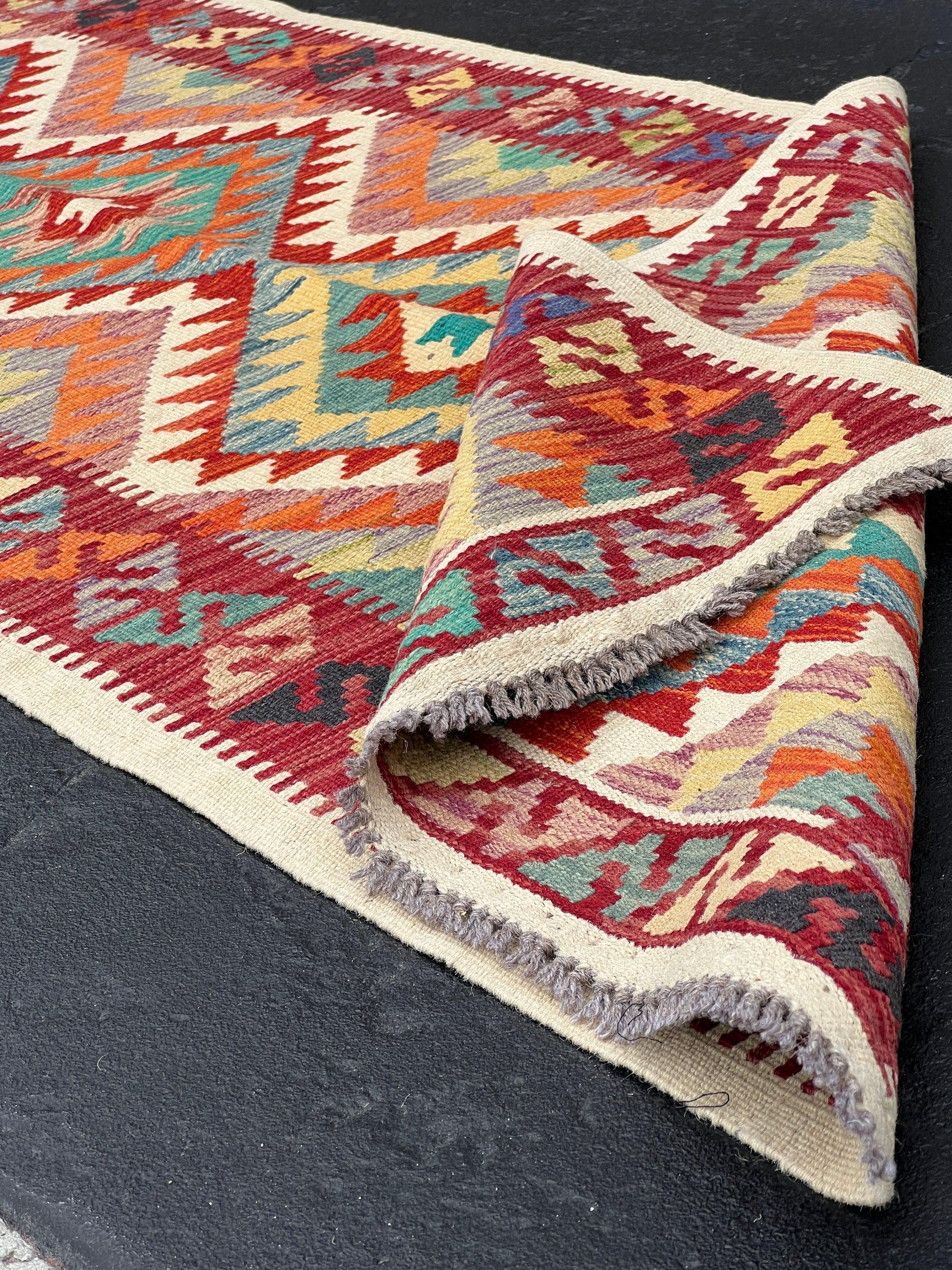 3x7 (100x200) Handmade Afghan Kilim Runner Rug | Crimson Brick Red Olive Green Teal Purple Prussian Denim Blue Grey Orange | Flatweave Wool