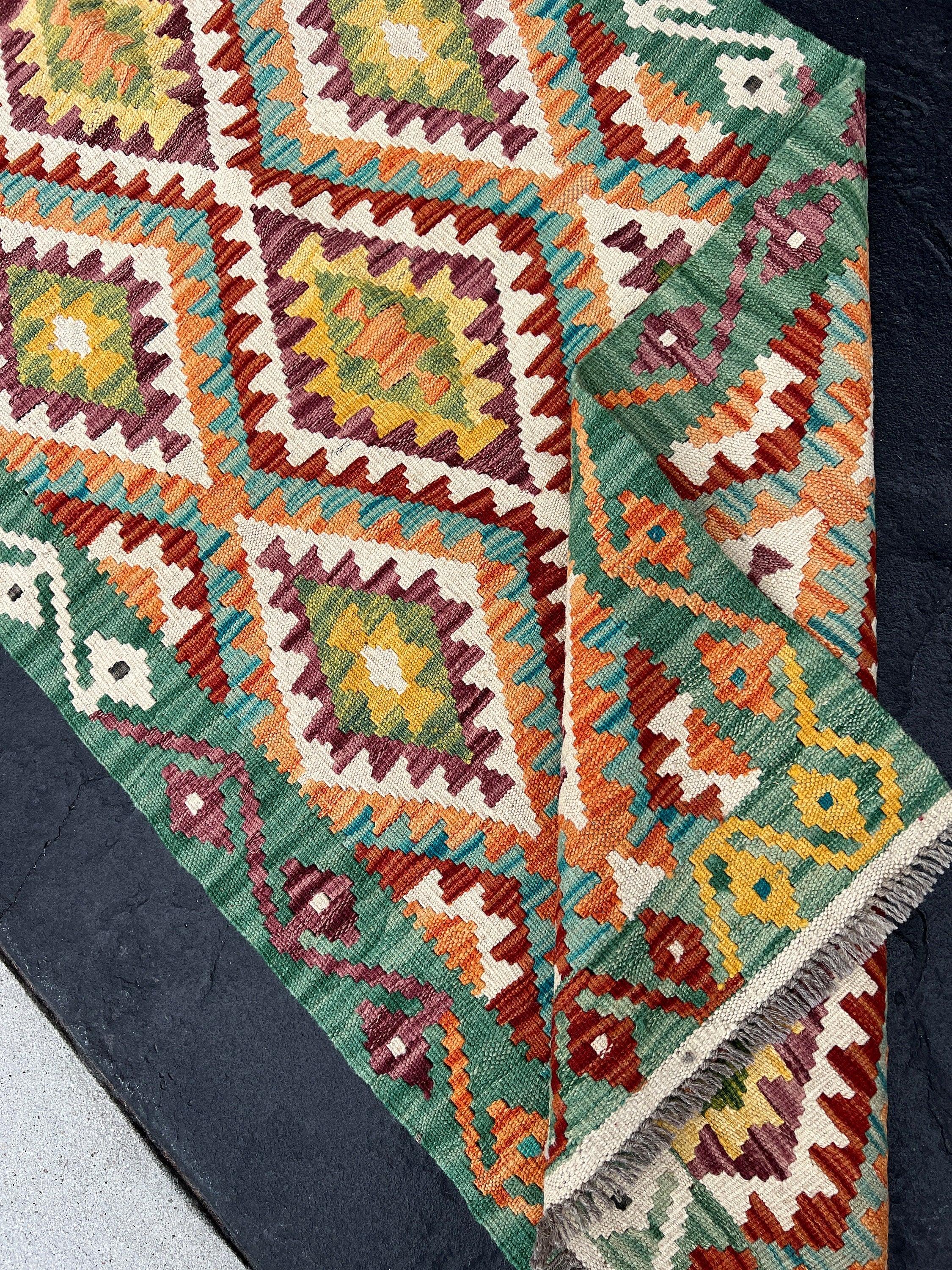 3x7 (100x200) Handmade Afghan Kilim Runner Rug | Forest Green Teal Purple Mustard Yellow Olive Moss Green Cream Beige Orange | Geometric