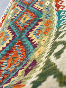 3x7 (100x200) Handmade Afghan Kilim Runner Rug | Olive Forest Green Cream Beige Orange Purple Grey Blue Yellow Teal | Flatweave Wool