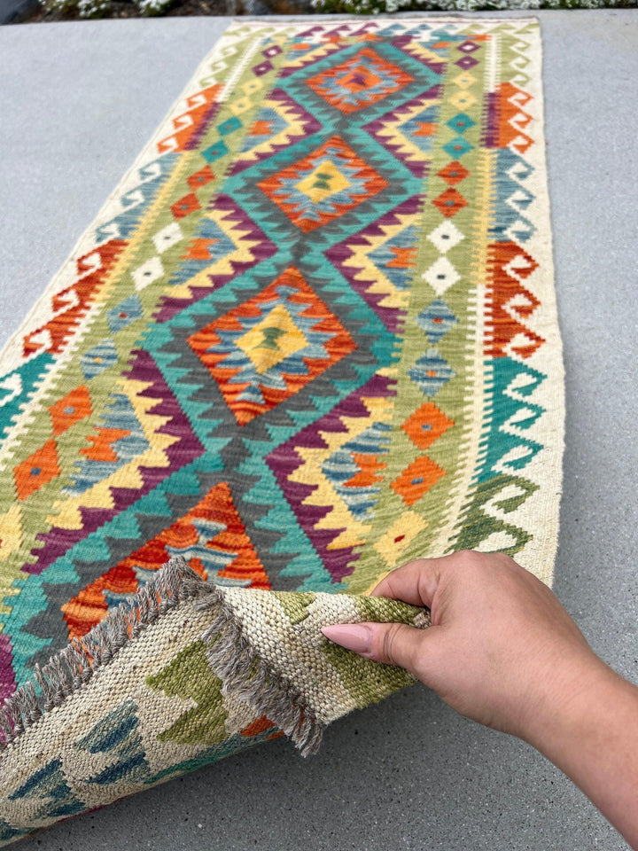 3x7 (100x200) Handmade Afghan Kilim Runner Rug | Olive Forest Green Cream Beige Orange Purple Grey Blue Yellow Teal | Flatweave Wool