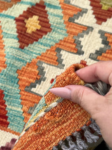 3x8 (90x245) Handmade Afghan Kilim Runner Rug | Cream Beige Crimson Maroon Red Olive Green Teal Grey Mustard Orange | Flatweave Persian Wool