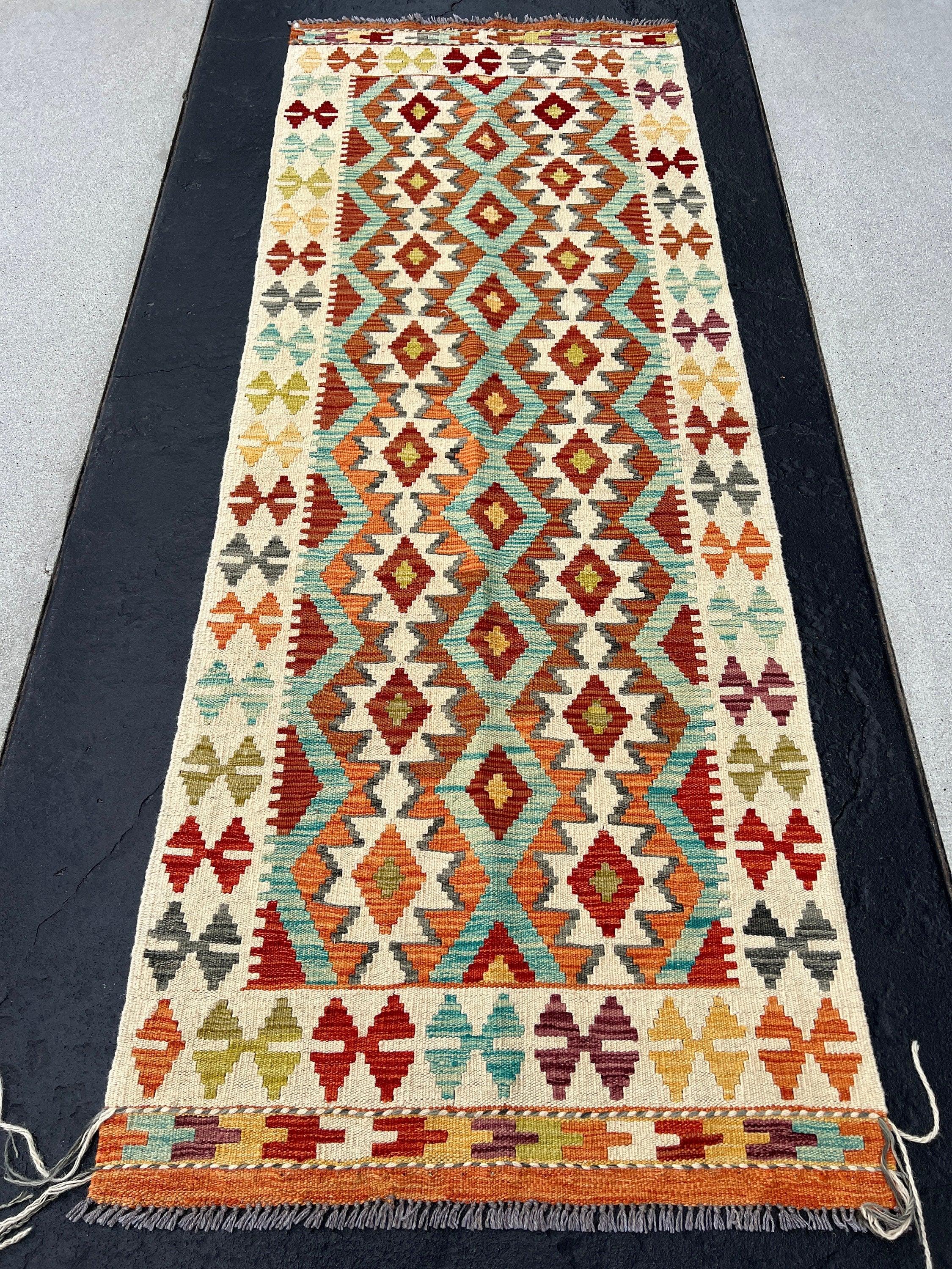 3x8 (90x245) Handmade Afghan Kilim Runner Rug | Cream Beige Crimson Maroon Red Olive Green Teal Grey Mustard Orange | Flatweave Persian Wool