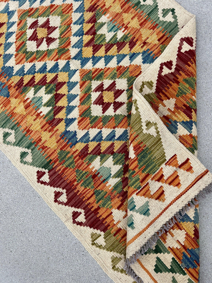 3x6 (90x180) Handmade Afghan Kilim Runner Rug | Cream Beige Crimson Red Olive Teal Purple Grey Mustard Orange Moss Green | Flatweave Wool