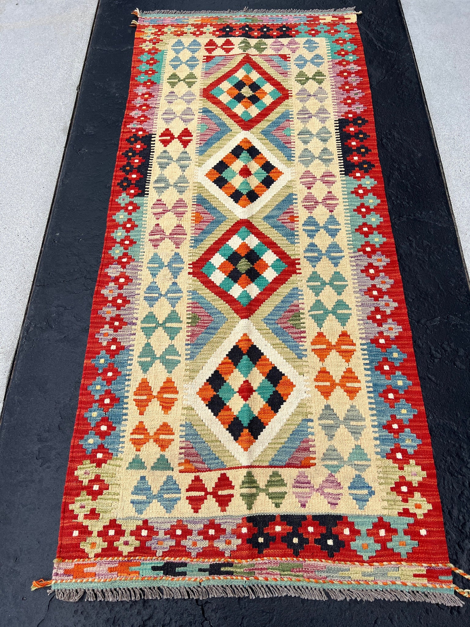 3x7 (100x200) Handmade Afghan Kilim Runner Rug | Cream Crimson Red Olive Green Teal Mauve Baby Denim Blue Grey Orange Black | Flatweave Wool