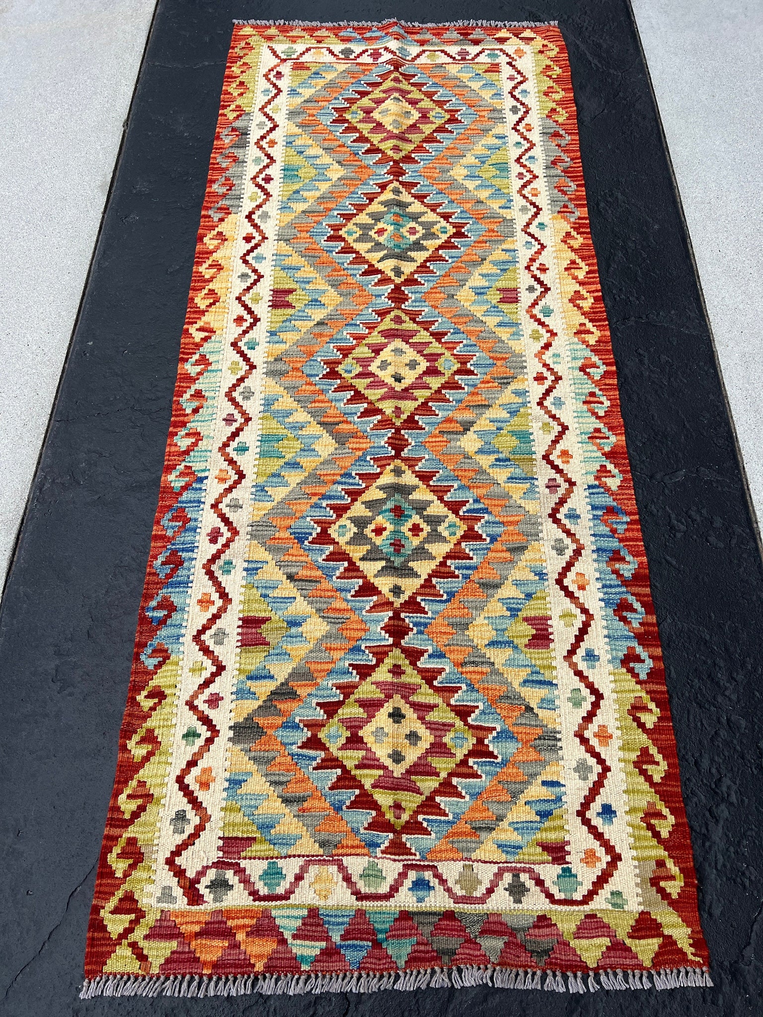 3x7 (100x200) Handmade Afghan Kilim Runner Rug | Cream Blood Red Orange Denim Baby Blue Grey Cornsilk Yellow Moss Olive Green | Wool Turkish
