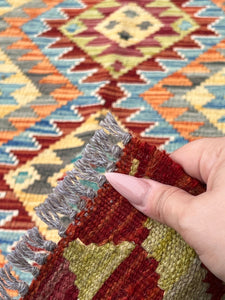 3x7 (100x200) Handmade Afghan Kilim Runner Rug | Cream Blood Red Orange Denim Baby Blue Grey Cornsilk Yellow Moss Olive Green | Wool Turkish