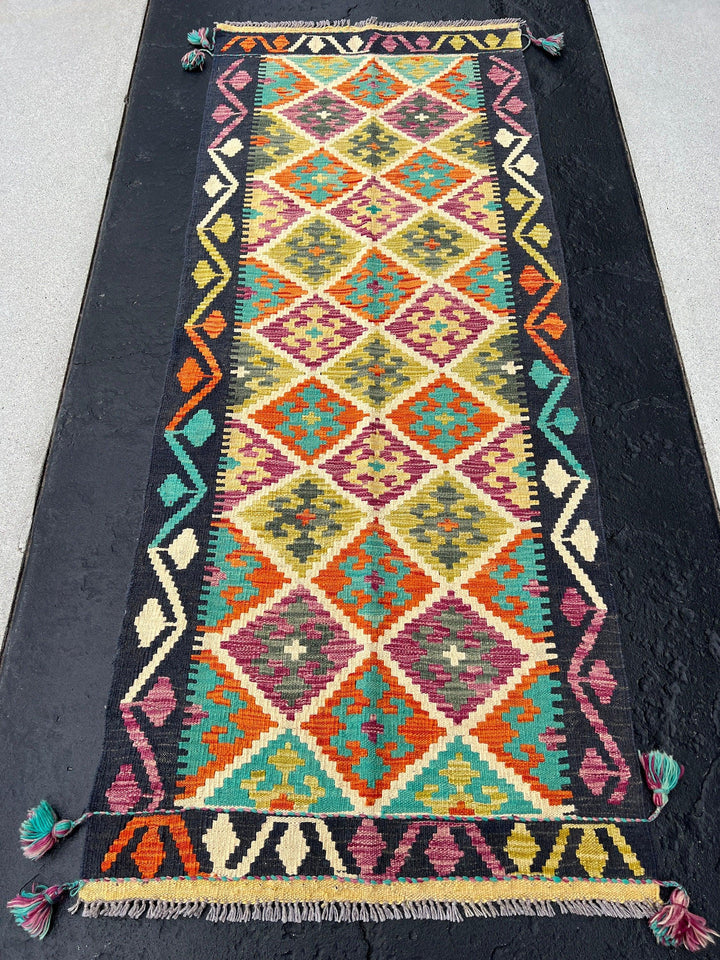 3x7 Handmade Afghan Kilim Runner Rug | Charcoal Grey Moss Green Purple Turquoise Burnt Orange Mustard Yellow Cream Ivory | Flatweave Outdoor