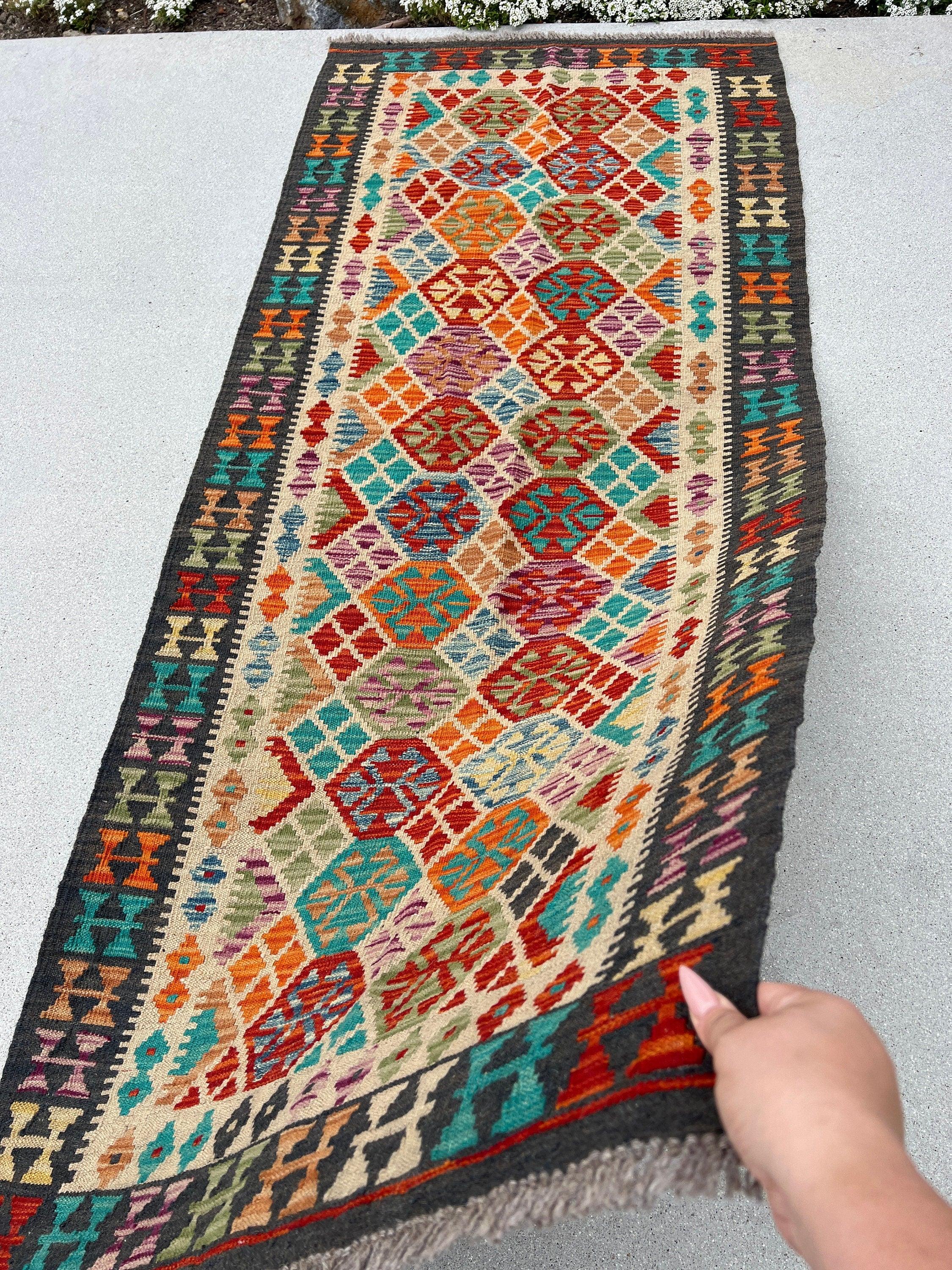 3x7 Handmade Afghan Kilim Runner Rug | Charcoal Grey Burnt Rust Orange Teal Blue Eggplant Purple Cream Ivory Brown Blood Red | Flatweave