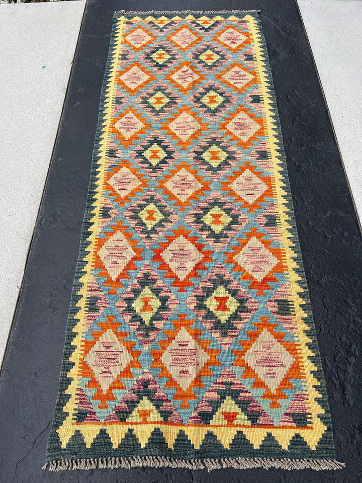 3x7 (100x200) Handmade Afghan Kilim Runner Rug | Prussian Blue Mustard Cornsilk Yellow Burnt Orange Denim Blue Purple | Flatweave Wool