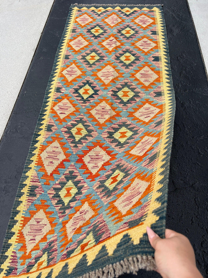 3x7 (100x200) Handmade Afghan Kilim Runner Rug | Prussian Blue Mustard Cornsilk Yellow Burnt Orange Denim Blue Purple | Flatweave Wool