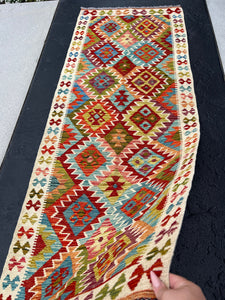 3x7 (100x200) Handmade Afghan Kilim Runner Rug | Cream Beige Crimson Red Olive Green Teal Burnt Coral Orange Baby Denim Blue Purple | Wool