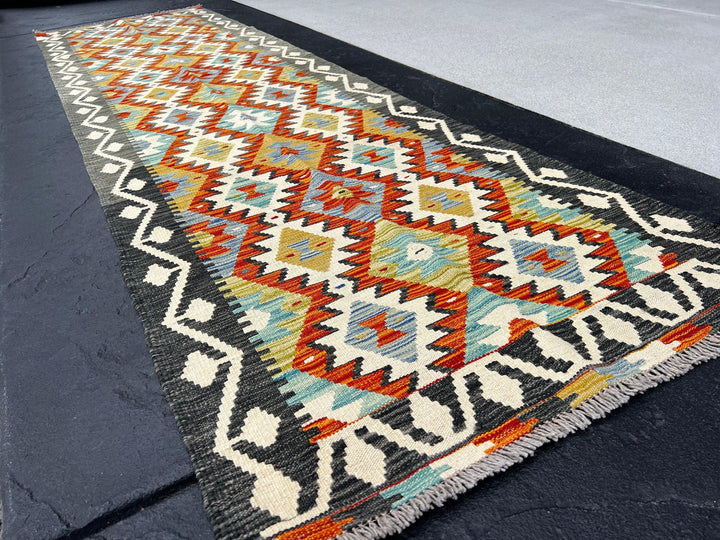 3x10 Handmade Afghan Kilim Runner Rug | Charcoal Grey Burnt Rust Orange Teal Denim Blue Cream Ivory Olive Moss Green | Flatweave Outdoor