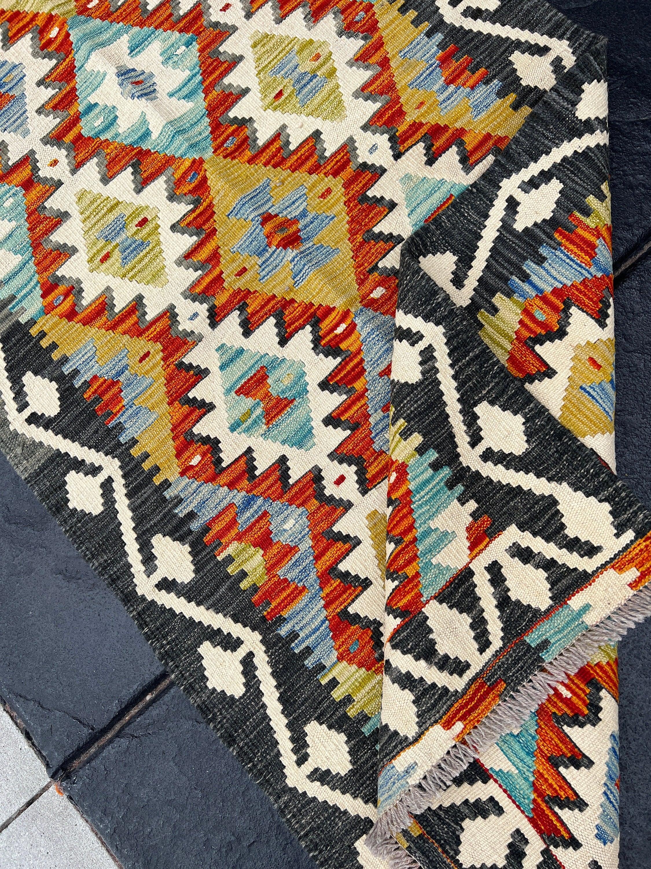 3x10 Handmade Afghan Kilim Runner Rug | Charcoal Grey Burnt Rust Orange Teal Denim Blue Cream Ivory Olive Moss Green | Flatweave Outdoor