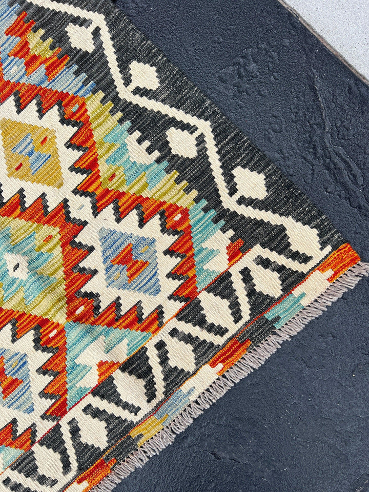 3x10 Handmade Afghan Kilim Runner Rug | Charcoal Grey Burnt Rust Orange Teal Denim Blue Cream Ivory Olive Moss Green | Flatweave Outdoor