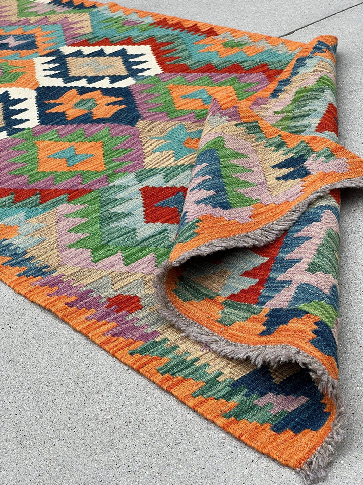 3x13 Handmade Afghan Kilim Runner Rug | Orange Teal Denim Midnight Baby Blue Lime Forest Green Beige Mauve Ivory White Blood Red | Wool