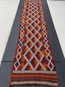 2x11 (61x335) Handmade Afghan Kilim Runner Rug | Blood Red Ivory White Orange Chocolate Brown Purple | Wool Flatweave Outdoor Boho