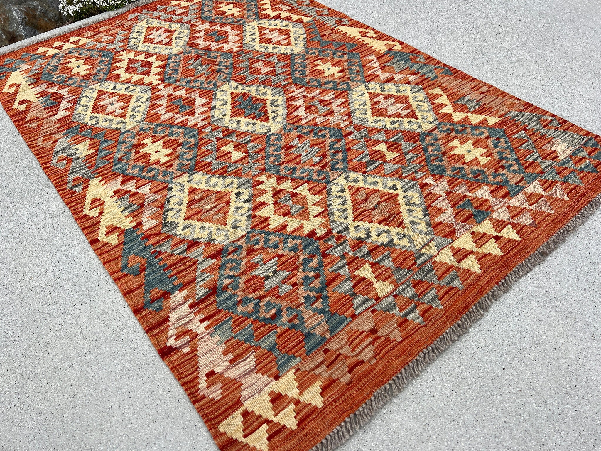 3x5 (91x152) Handmade Afghan Kilim Runner Rug | Burnt Orange Cornsilk Yellow Grey Red | Flatweave Wool Outdoor Boho