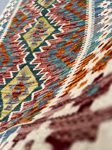 3x5 (91x152) Handmade Afghan Kilim Runner Rug | Cream Forest Green Yellow-Green Maroon Red Ivory Denim Blue Teal Burnt Orange | Wool Outdoor