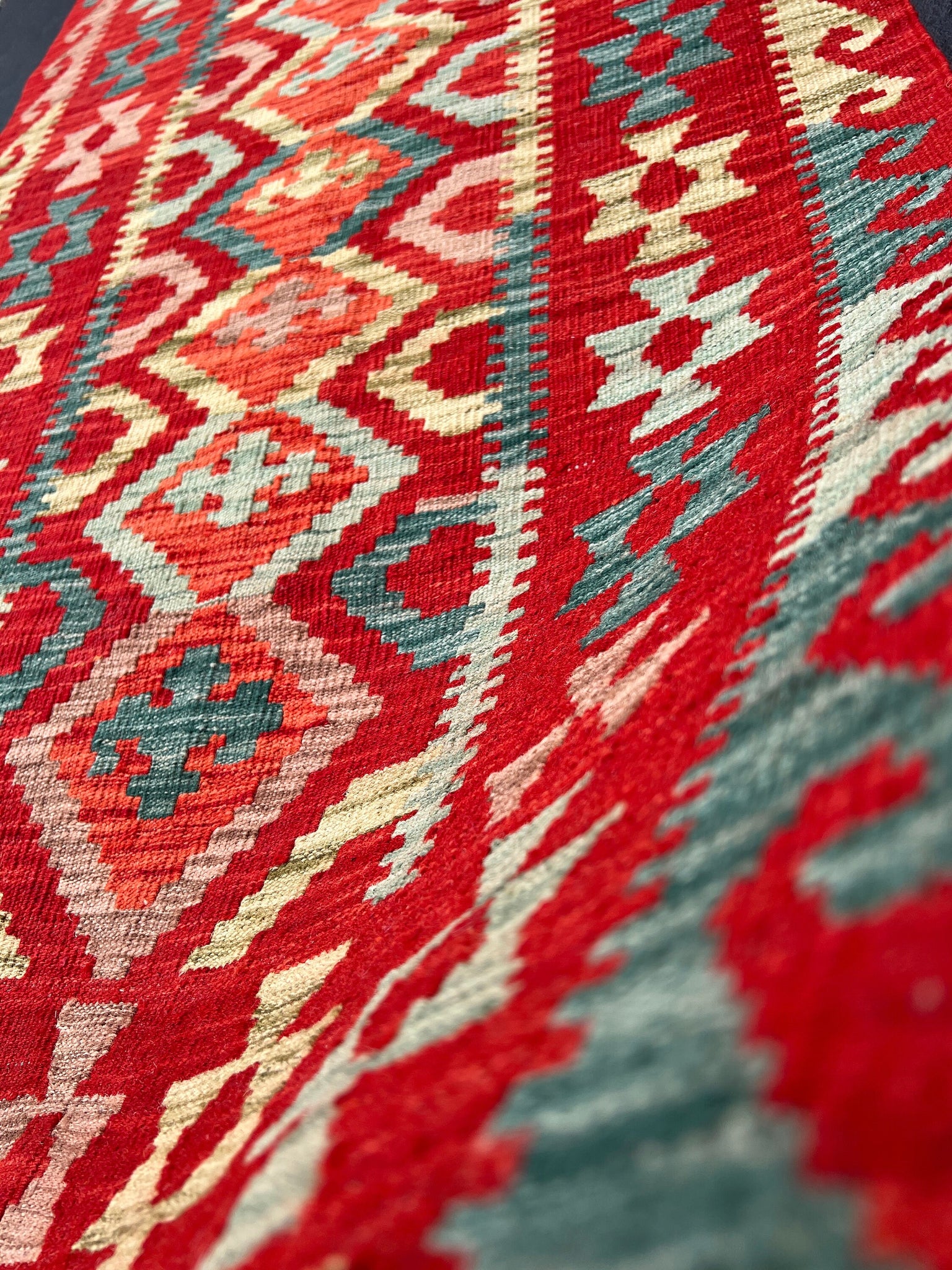 3x7 (91x213) Handmade Afghan Kilim Runner Rug | Crimson Blood Red Maroon Orange Forest Mint Green Cornsilk Yellow | Wool Outdoor Boho