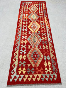 3x8 (91x244) Handmade Afghan Kilim Runner Rug | Blood Crimson Red Cornsilk Yellow Baby Blue Saffron Burnt Orange Mocha Brown Grey | Wool