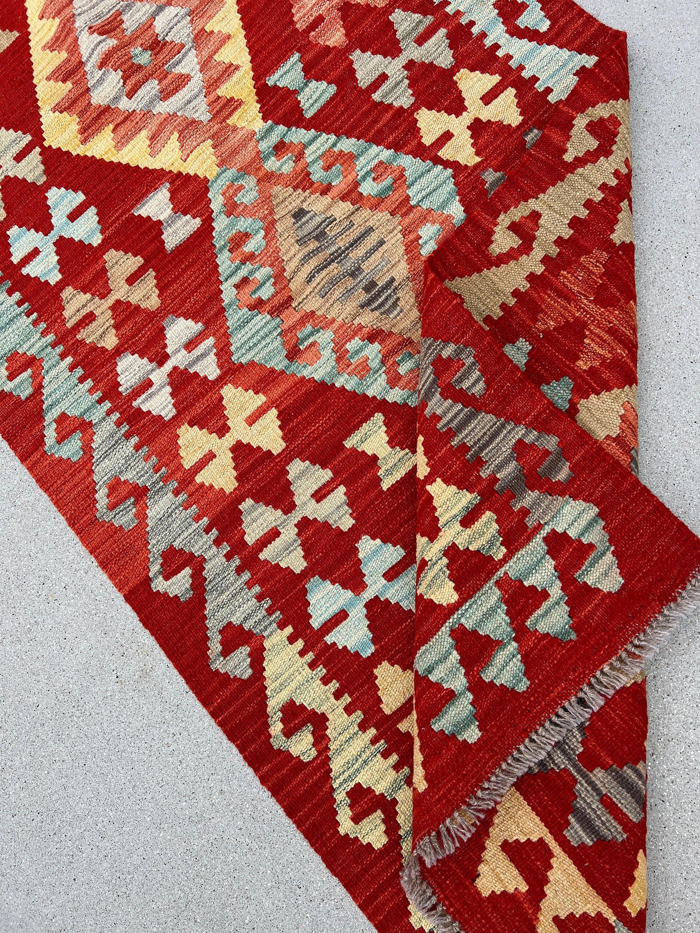 3x8 (91x244) Handmade Afghan Kilim Runner Rug | Blood Crimson Red Cornsilk Yellow Baby Blue Saffron Burnt Orange Mocha Brown Grey | Wool