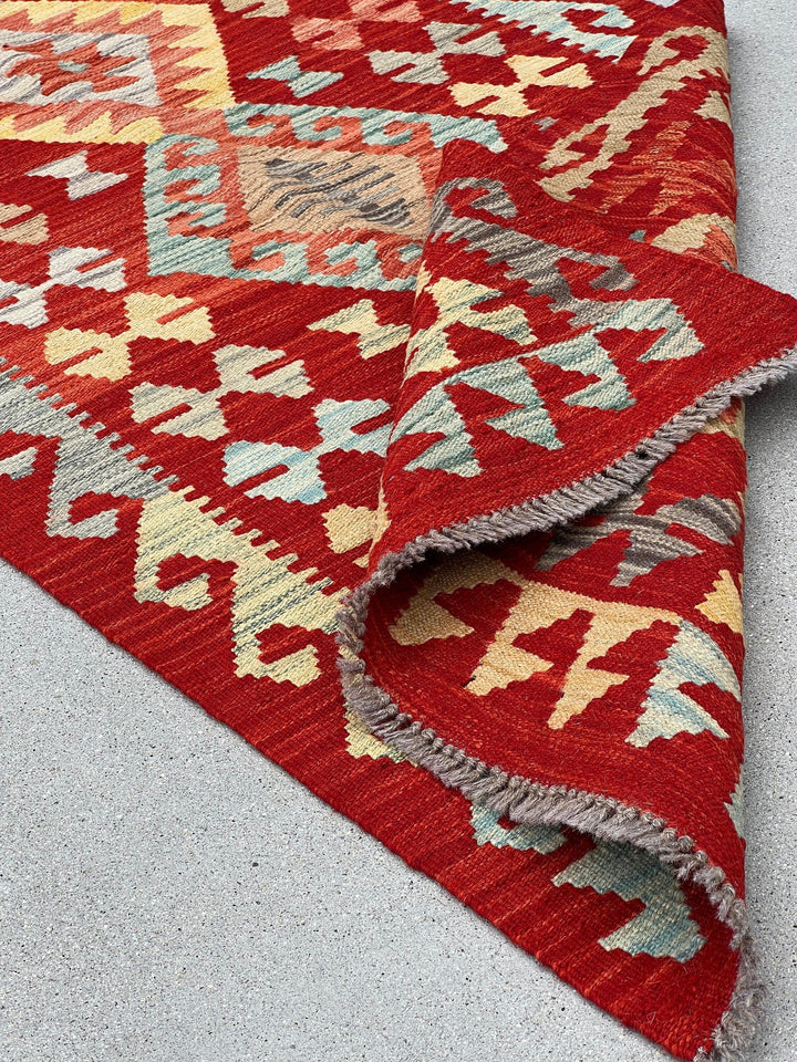 3x8 (91x244) Handmade Afghan Kilim Runner Rug | Blood Crimson Red Cornsilk Yellow Baby Blue Saffron Burnt Orange Mocha Brown Grey | Wool