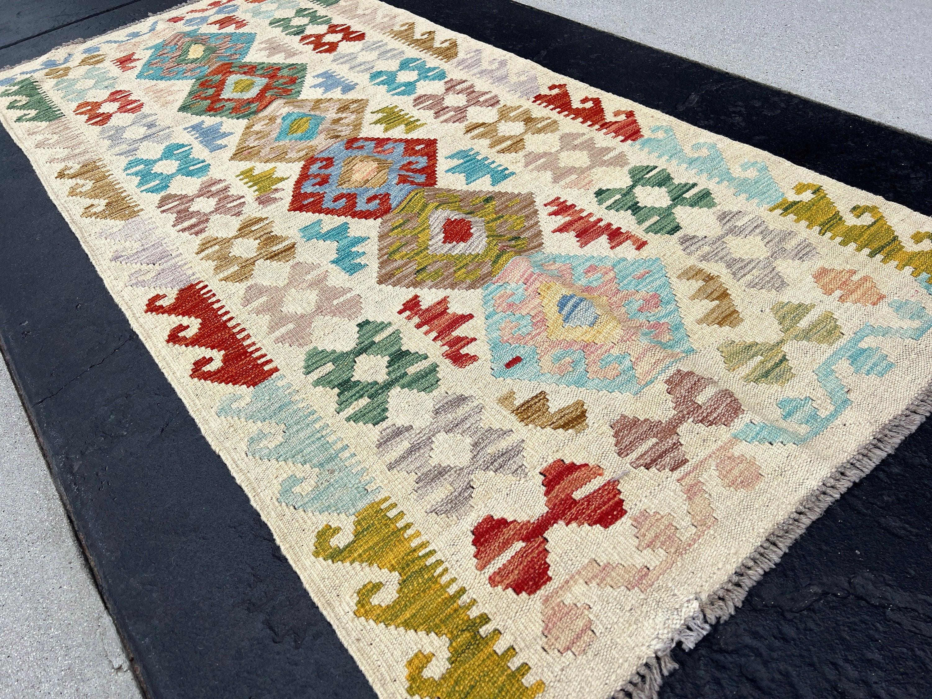 3x6 (91x183) Handmade Afghan Kilim Runner Rug | Cream Blood Red Olive Green Lilac Baby Steel Blue Copper Brown Pine Green Blush Pink | Wool