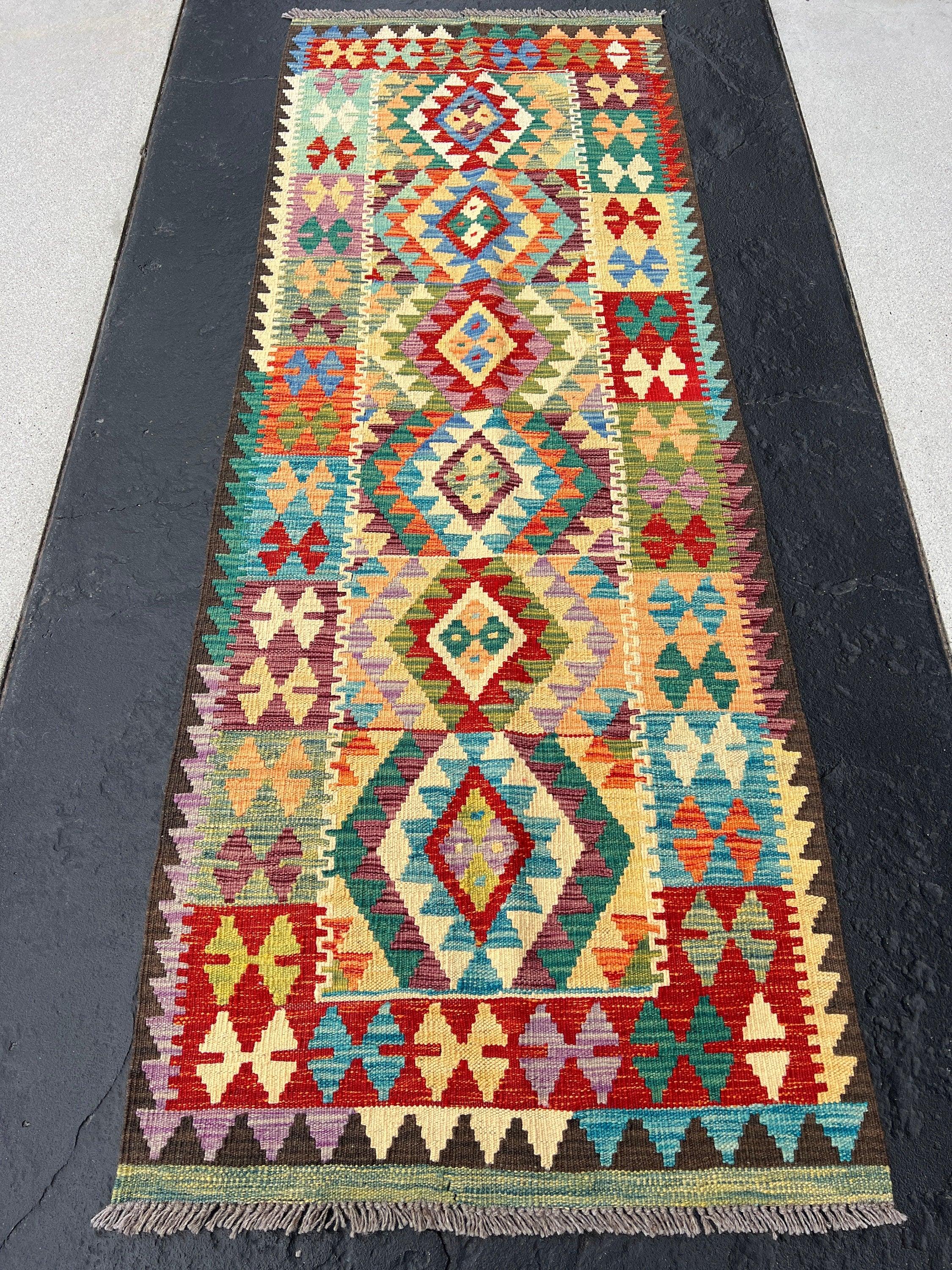 3x7 Handmade Afghan Kilim Runner Rug | Blood Red Steel Blue Teal Cornsilk Yellow Plum Lilac Purple Chocolate Brown Olive Green Orange