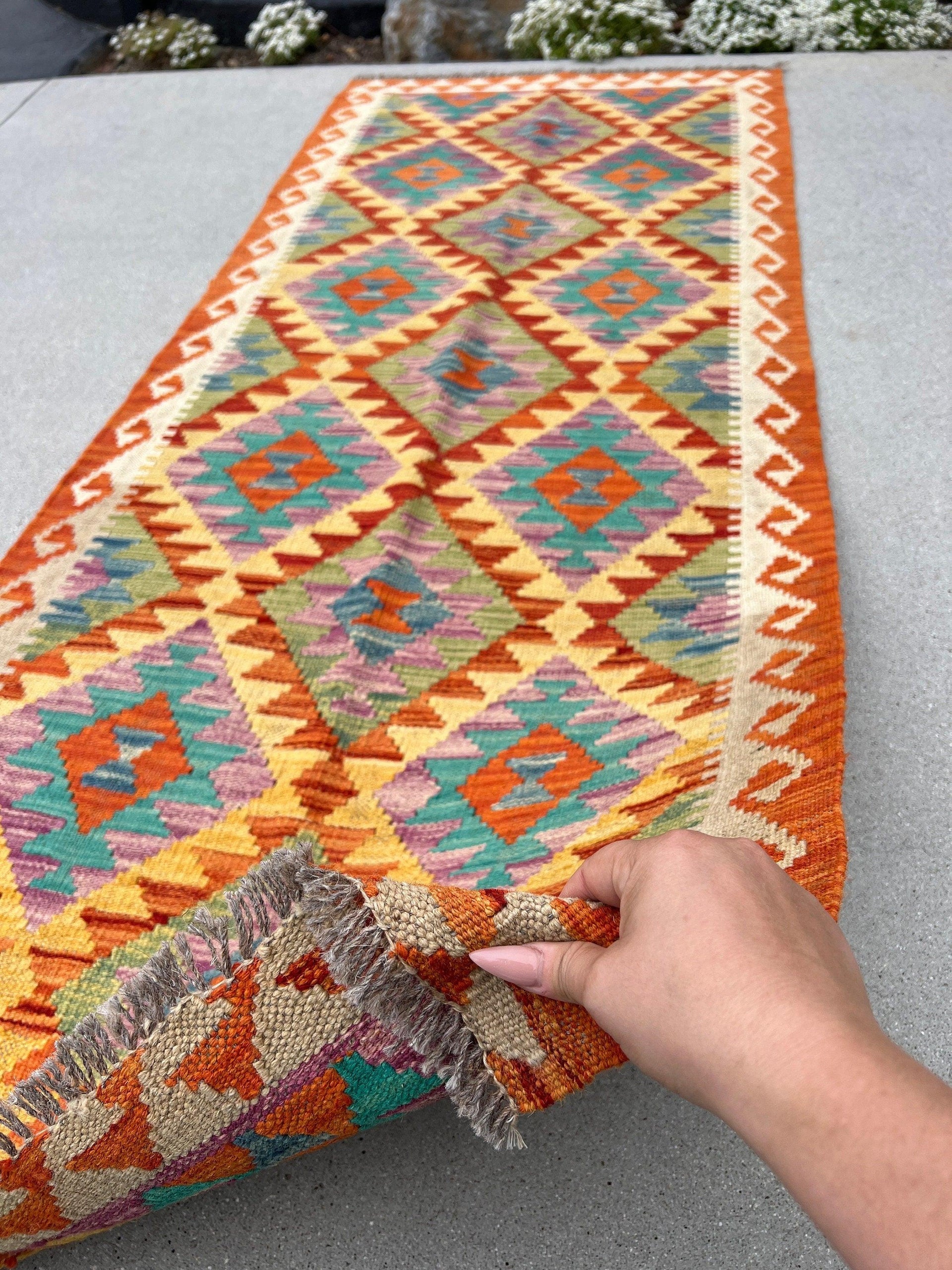 3x7 (91x213) Handmade Afghan Kilim Runner Rug | Rust Burnt Orange Gold Cornsilk Yellow Teal Ivory Lilac Purple Cream Crimson Red | Wool