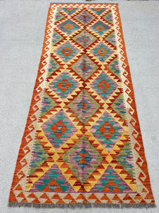 3x7 (91x213) Handmade Afghan Kilim Runner Rug | Rust Burnt Orange Gold Cornsilk Yellow Teal Ivory Lilac Purple Cream Crimson Red | Wool