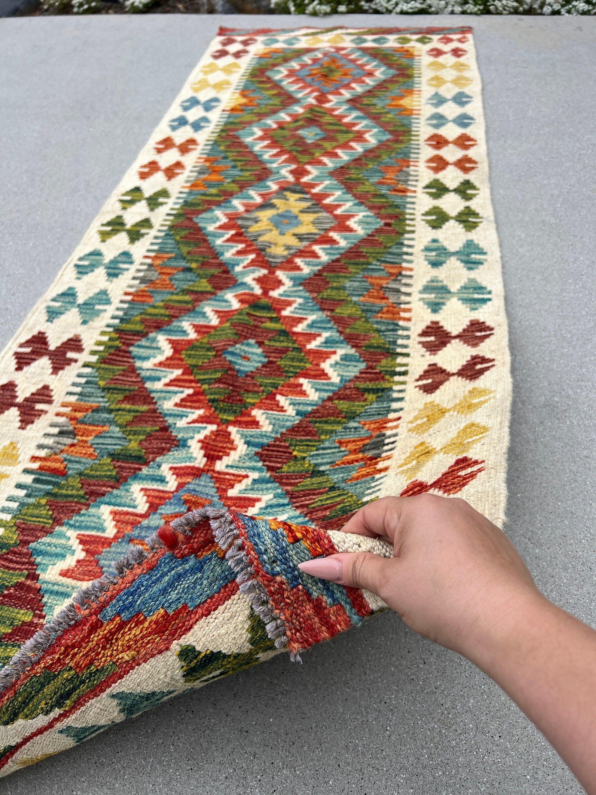 3x7 (91x213) Handmade Afghan Kilim Runner Rug | Cream Forest Green Gold Yellow Denim Blue Ivory Burgundy Maroon Burnt Orange Grey | Wool