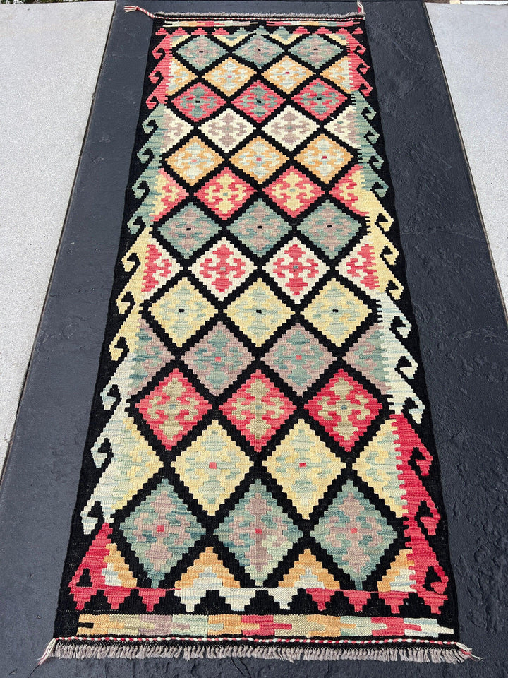 3x7 (91x213) Handmade Afghan Kilim Runner Rug | Black Cornsilk Yellow Rose Pink Mauve Baby Blue Sage Green Ivory Peach Orange | Wool Outdoor