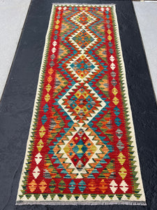 2x7 (61x213) Handmade Afghan Kilim Runner Rug | Blood Red Forest Moss Green Grey Ivory Orange Denim Blue Teal Cream | Wool Outdoor Boho
