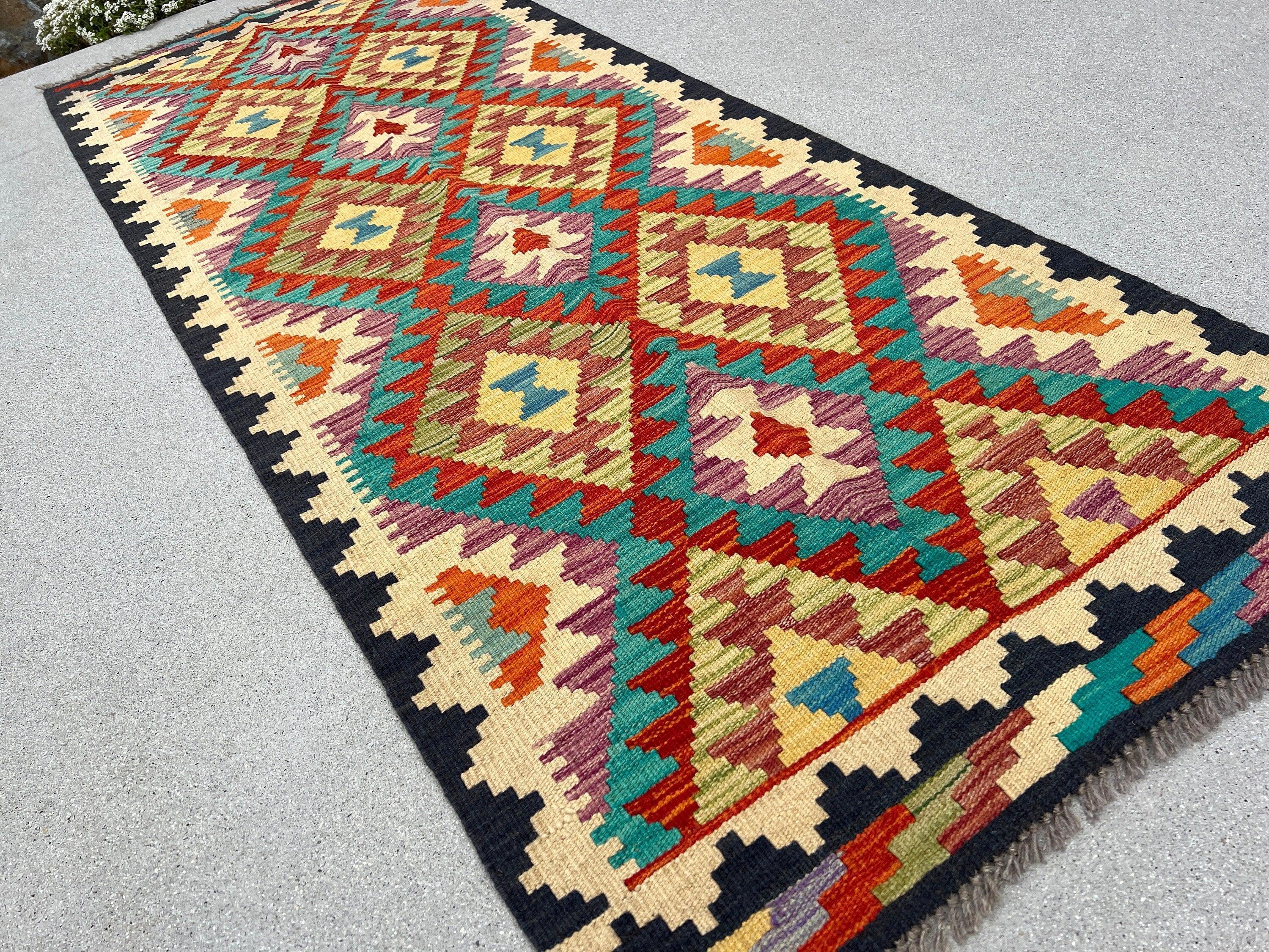 3x7 (91x213) Handmade Afghan Kilim Runner Rug | Black Cornsilk Yellow Orange Burnt Brick Red Grey Denim Blue Plum Teal Moss Green | Wool