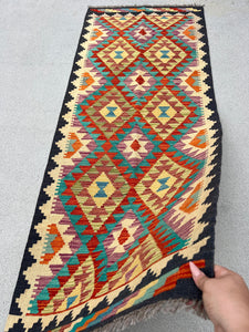 3x7 (91x213) Handmade Afghan Kilim Runner Rug | Black Cornsilk Yellow Orange Burnt Brick Red Grey Denim Blue Plum Teal Moss Green | Wool
