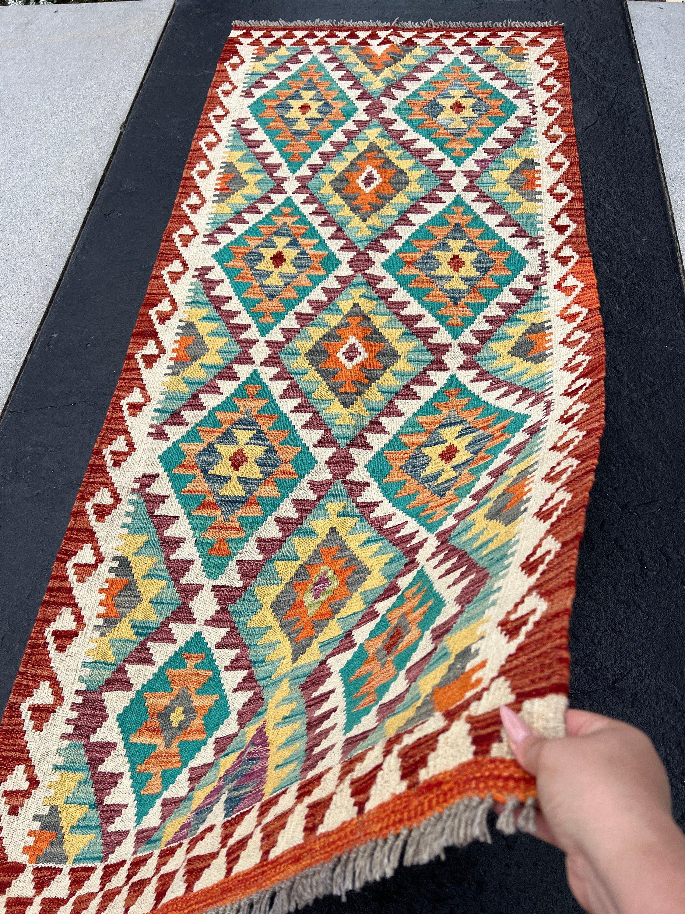 3x7 (100x200) Handmade Afghan Kilim Runner Rug | Blood Red Burnt Orange Ivory Moss Green Turquoise Navy Blue Red Gold Yellow Grey Purple