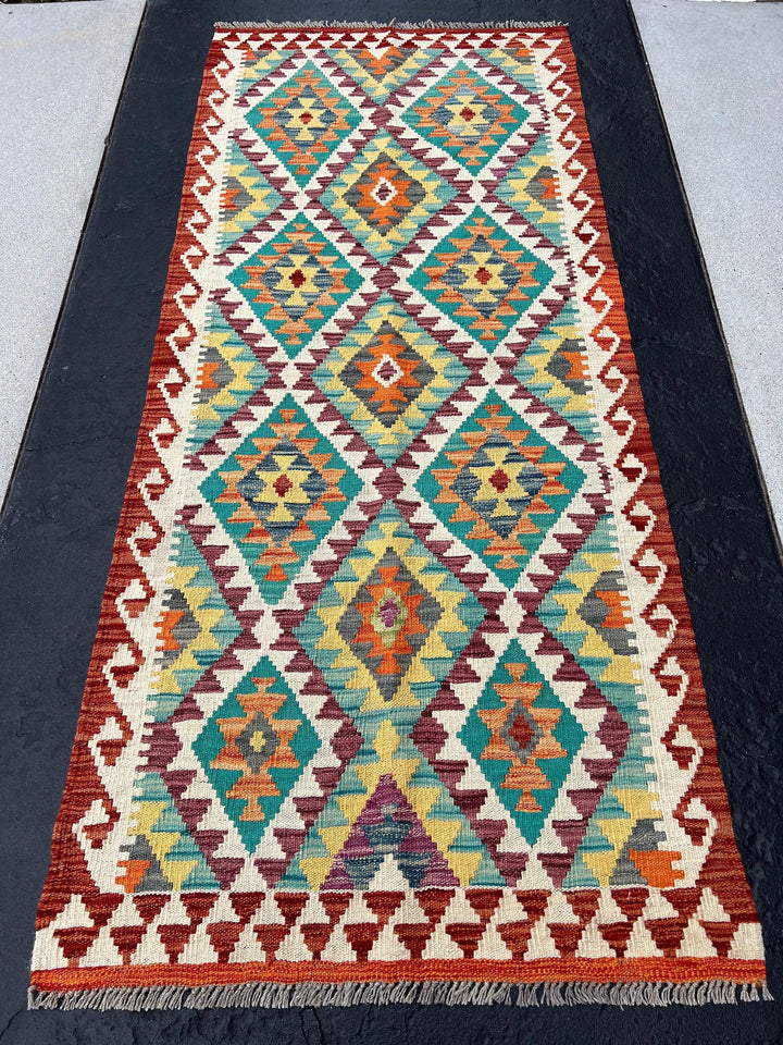 3x7 (100x200) Handmade Afghan Kilim Runner Rug | Blood Red Burnt Orange Ivory Moss Green Turquoise Navy Blue Red Gold Yellow Grey Purple