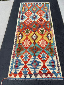 3x6 (79x188) Handmade Afghan Kilim Runner Rug | Beige Gold Yellow Teal Rust Burnt Orange Purple Denim Navy Blue Olive Brown Red Ivory | Wool