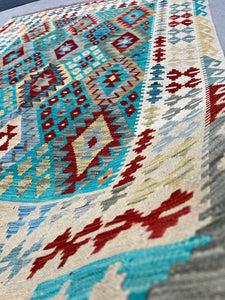 6x8 (180x245) Handmade Afghan Kilim Rug | Cream Beige Teal Turquoise Denim Sky Blue Crimson Red Grey Mustard Yellow Tan Orange Olive | Wool