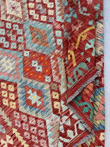 6x8 (180x245) Handmade Afghan Kilim Rug | Brick Red Burnt Orange Teal Turquoise Olive Sage Green Tan Sky Blue | Persian Oushak