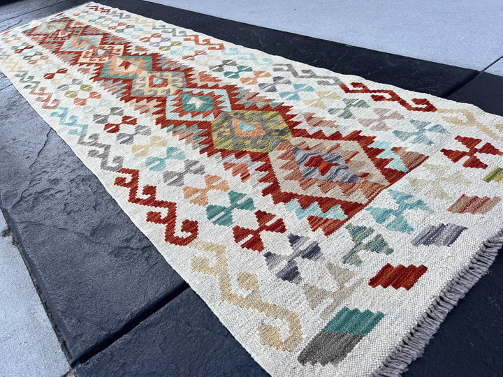 3x10 (90x305) Handmade Afghan Kilim Runner Rug | Ivory Cream Olive Teal Chocolate Denim Sky Blue Charcoal Grey Tan Brick Red Turquoise