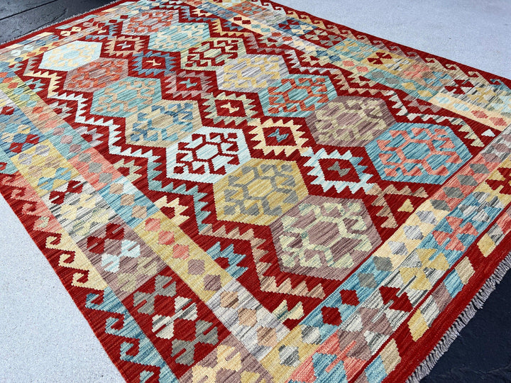 6x8 (180x245) Handmade Afghan Kilim Rug | Brick Red Burnt Orange Teal Turquoise Olive Sky Blue Chocolate Brown Olive Mustard | Persian Wool